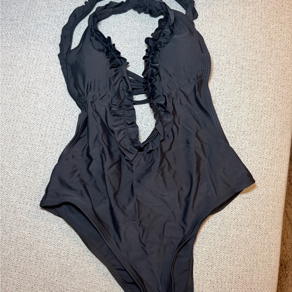 Black Ruffled Halter One-Piece Swimsuit